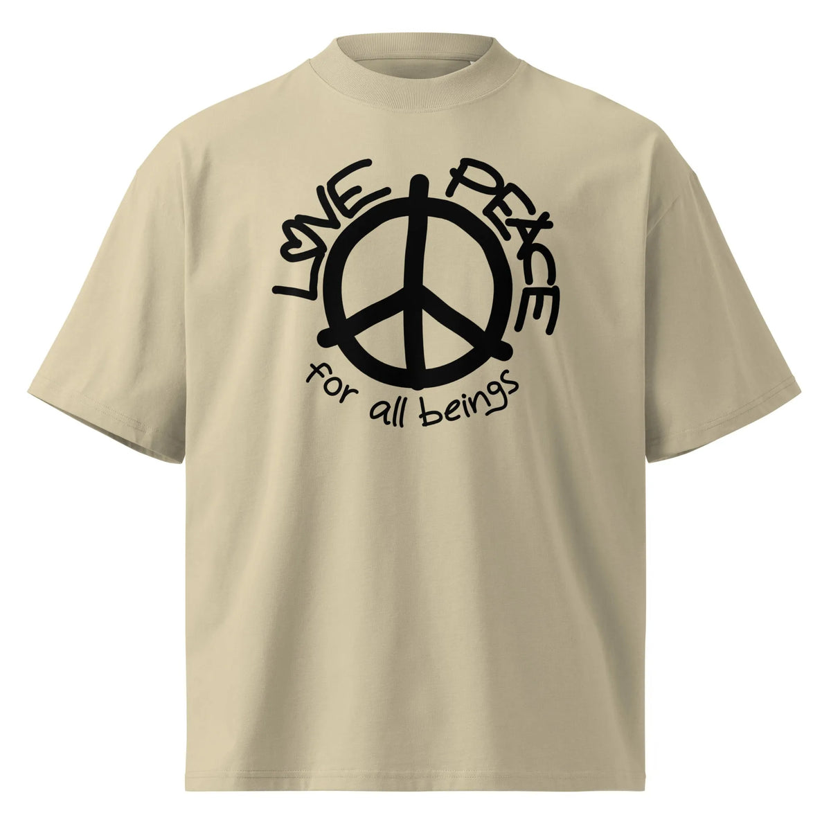 Oversized T-Shirt in Stein mit Peace-Zeichen-Print und Schriftzug „for all beings“