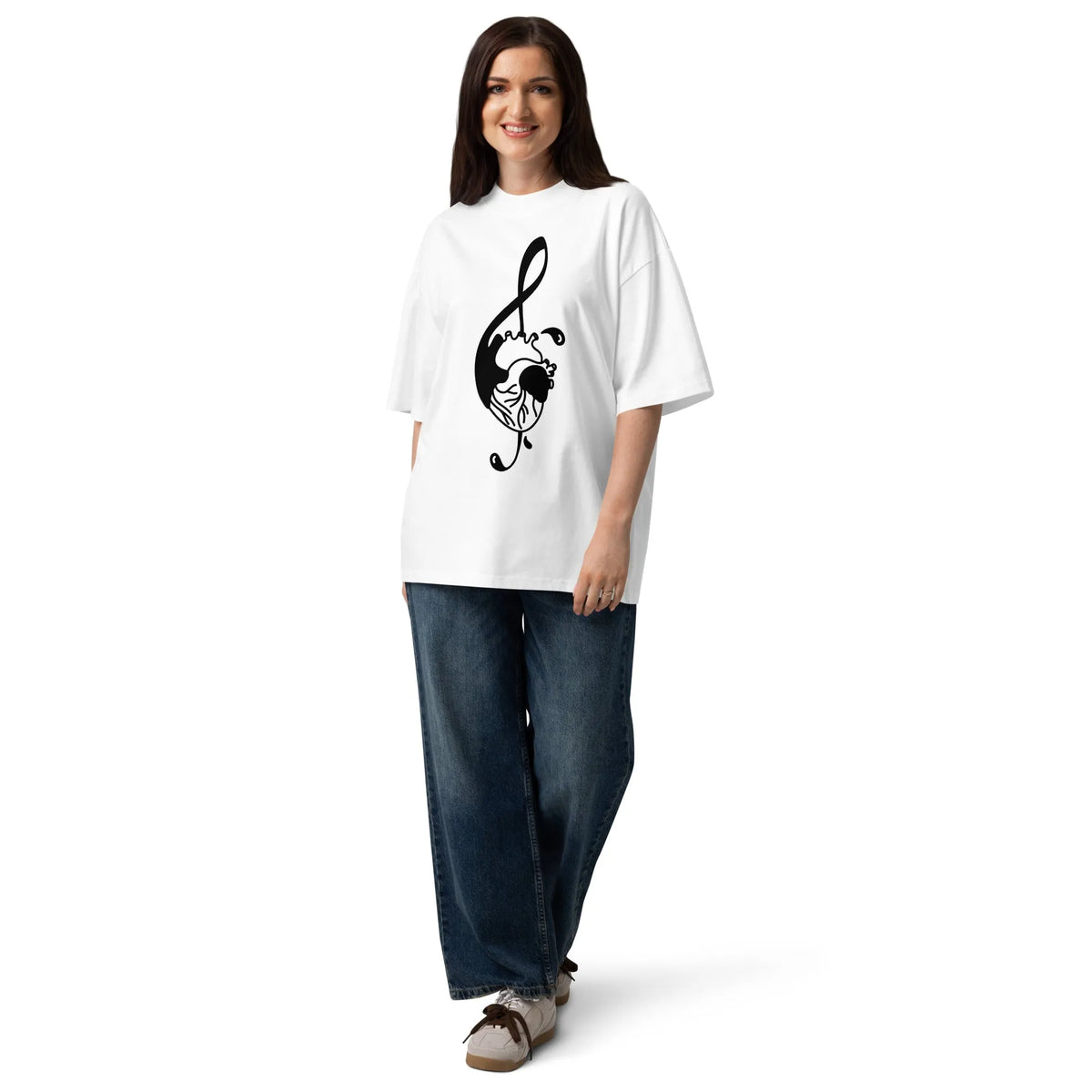 Oversized-Shirt weiß mit Notenschlüssel-Print und Katzenmotiv, locker geschnitten