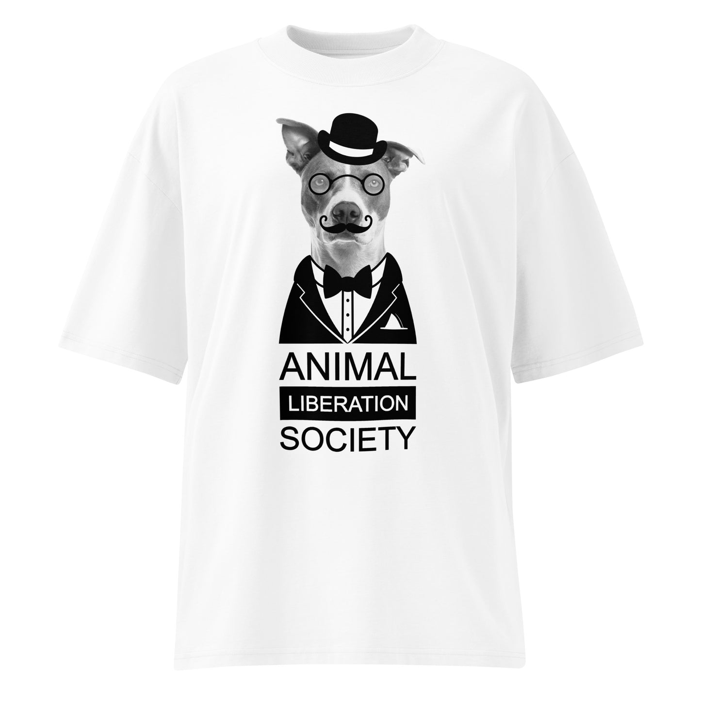 Weißes Bio-Baumwoll-Oversized-Shirt mit Mr. Dog Print, Zylinder, Monokel und Animal Liberation Society Schriftzug.