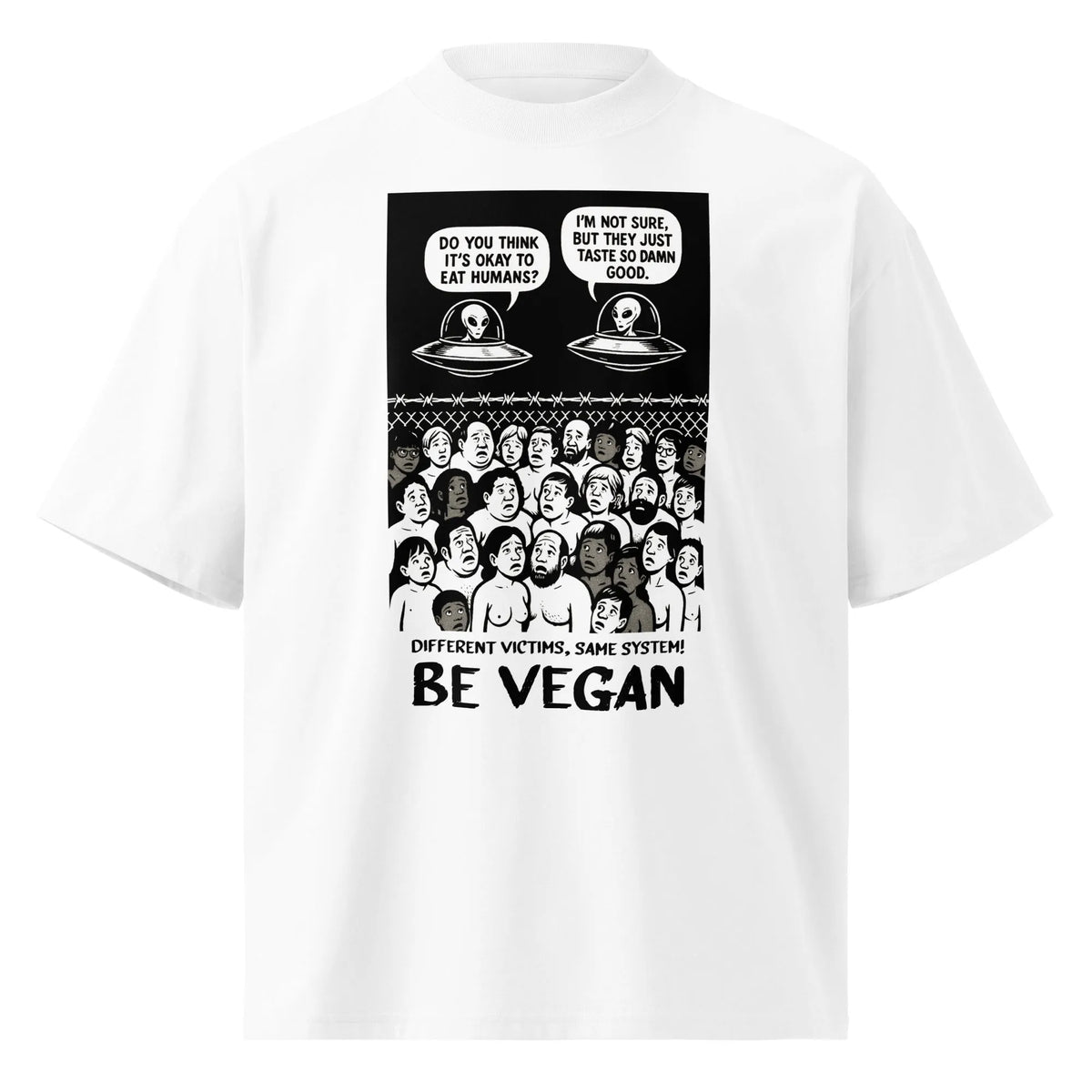 Oversize T-Shirt in Weiß mit Frontprint „BE VEGAN“ und Alien-Comic