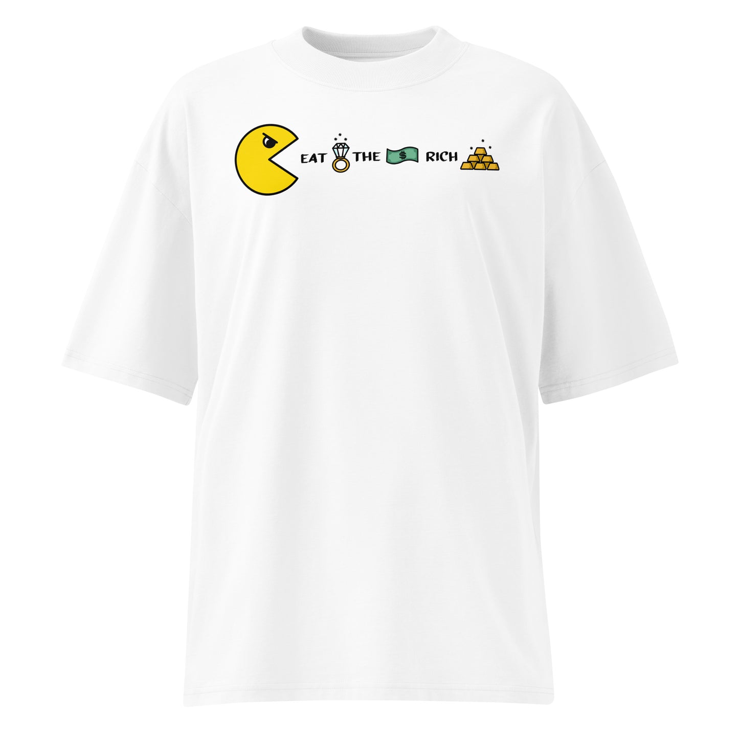 Weißes Bio-Baumwoll-Oversized-Shirt mit Pacman-Grafik und dem Schriftzug Eat the Rich.