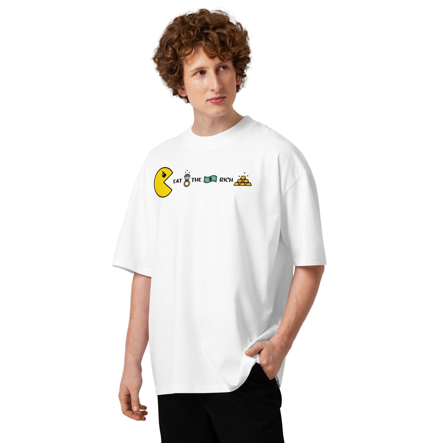 Weißes Oversized-T-Shirt aus Bio-Baumwolle mit Pacman-Grafik und dem Schriftzug Eat the Rich.