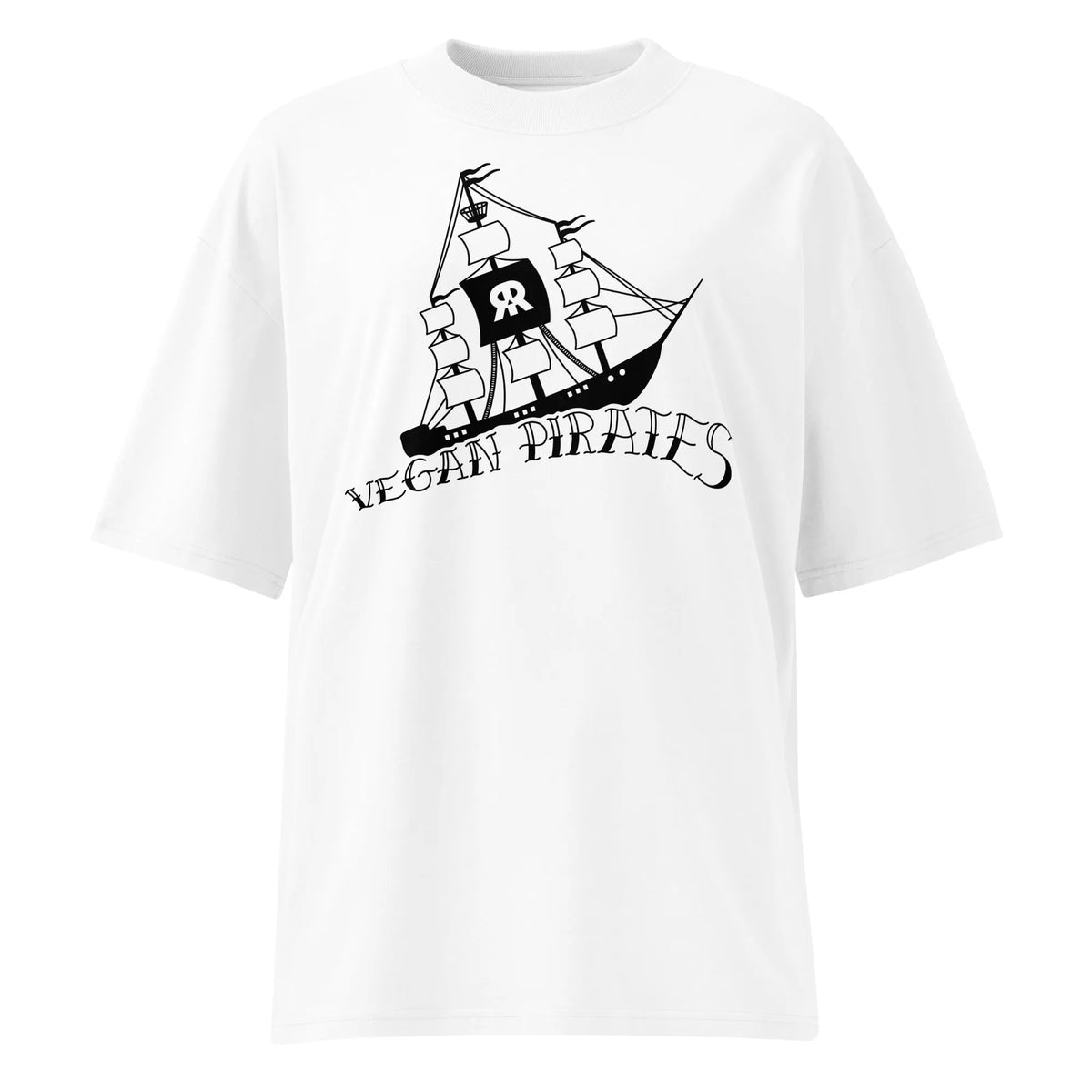 Oversized-T-Shirt weiß mit großem Vegan-Piraten-Logo im Brustbereich