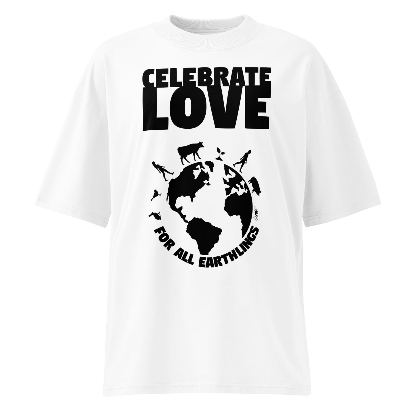 Weißes Bio-Baumwoll-Oversized-Shirt mit schwarzem „Celebrate Love for all Earthlings“-Print und Weltkugel-Grafik.