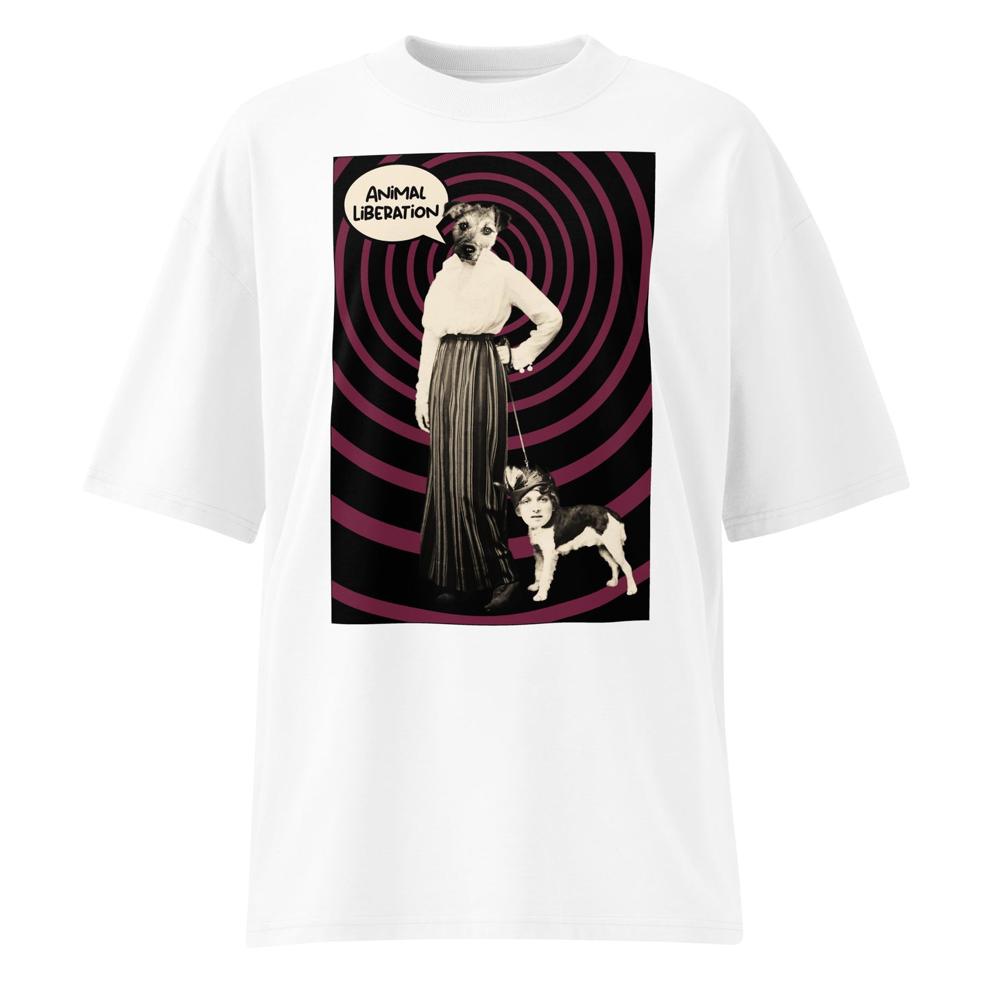 Weißes Bio-Baumwoll-Oversized-Shirt mit Animal Liberation Grafikdruck, Hundekopf-Motiv und lila Spiralhintergrund.