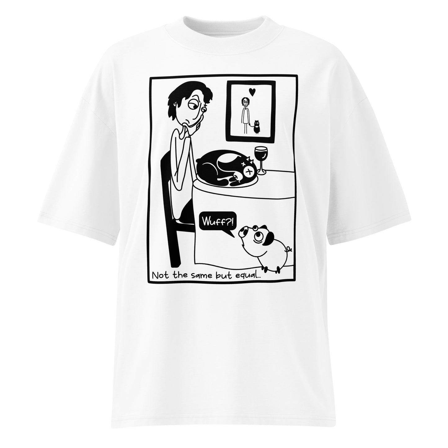 Weißes Bio-Baumwoll-Oversized-Shirt mit schwarzem Pigdog-Comic-Print und dem Schriftzug Not the same but equal.