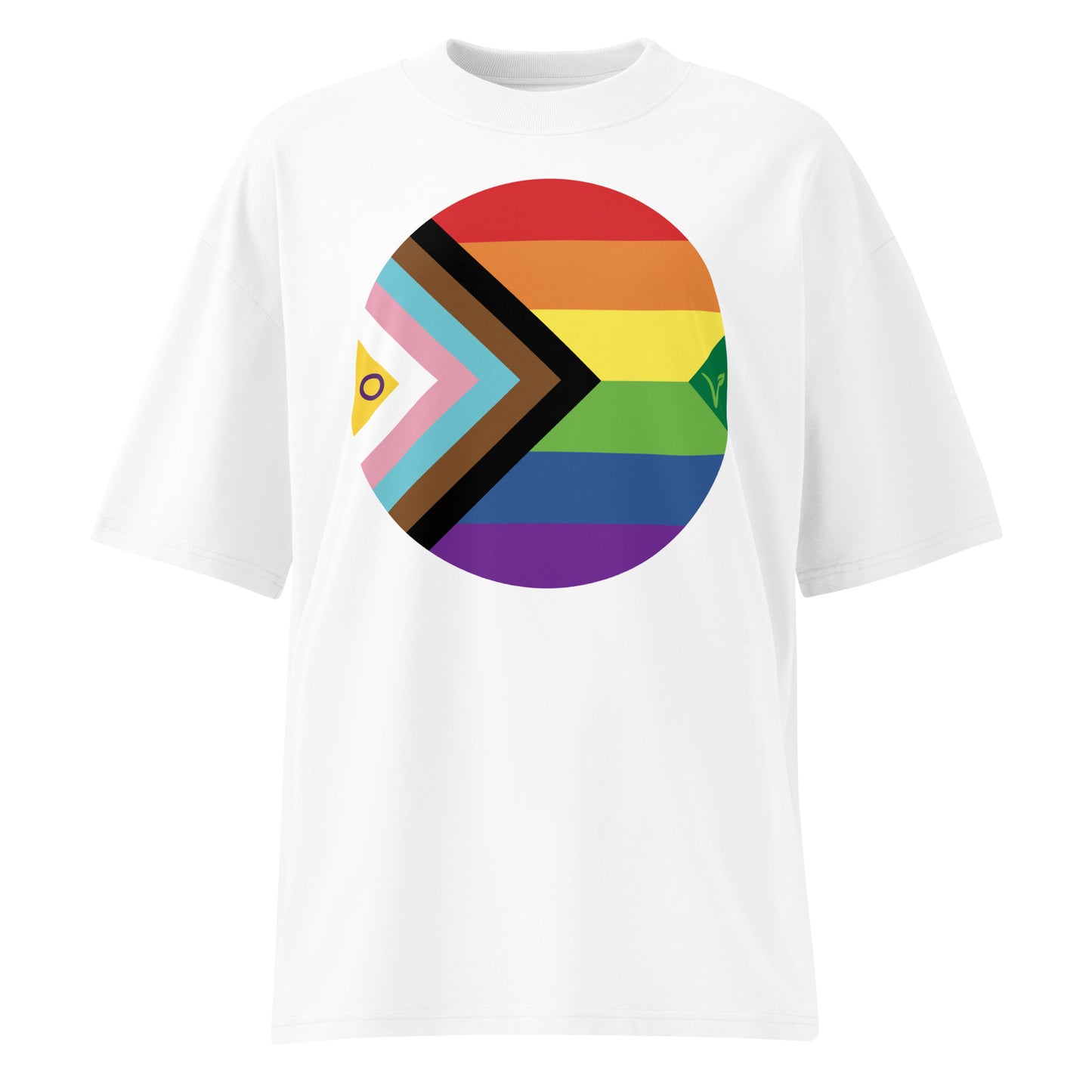 Weißes Oversized-T-Shirt aus Bio-Baumwolle mit rundem LGBTQAI+ und Vegan-Print auf der Brust.