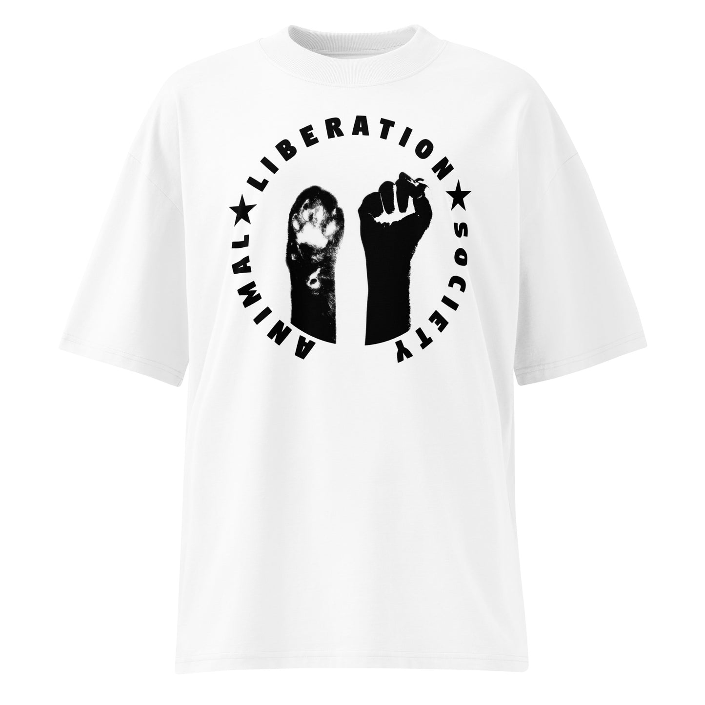 Weißes Bio-Baumwoll-Oversized-Shirt mit schwarzem Animal Liberation Society Print, Pfoten- und Faust-Motiv.