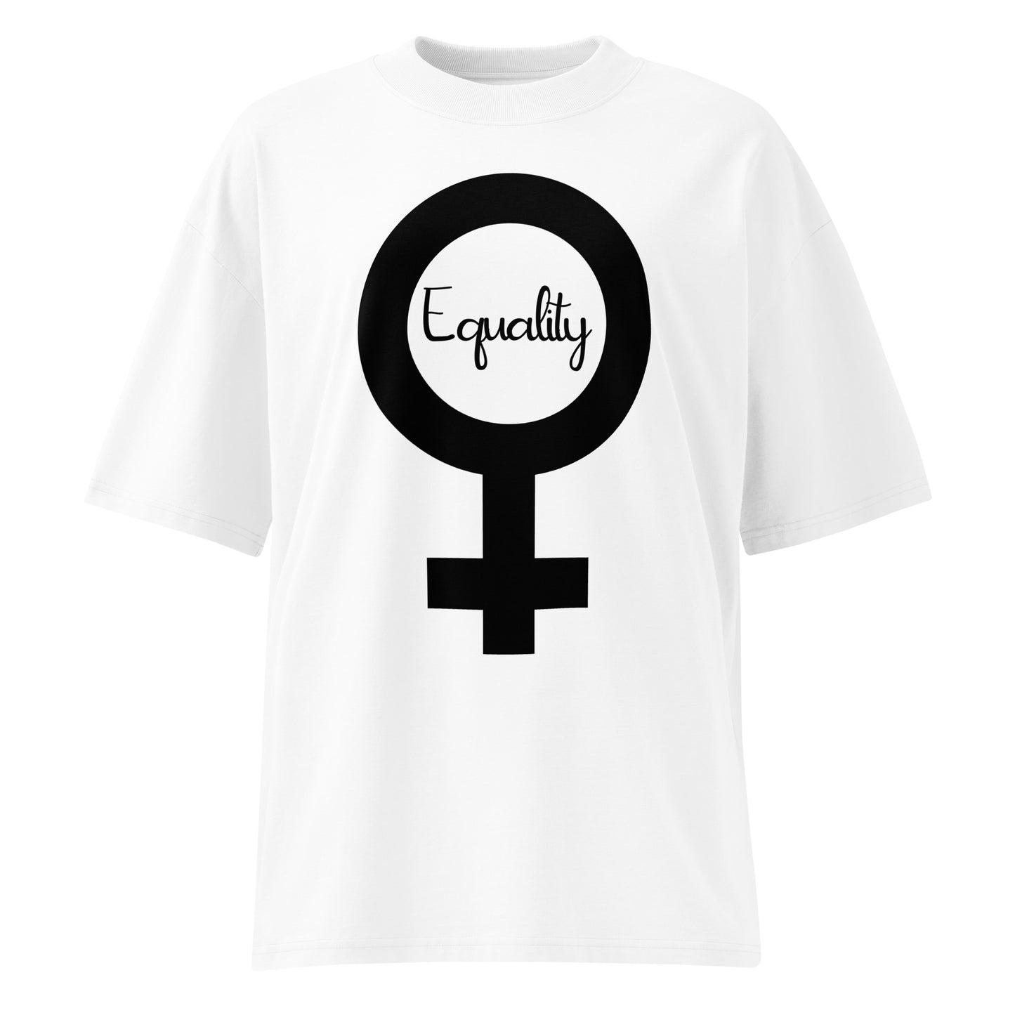 Weißes Bio-Baumwoll-Oversized-Shirt mit schwarzem Feminismus-Symbol und Equality-Schriftzug.