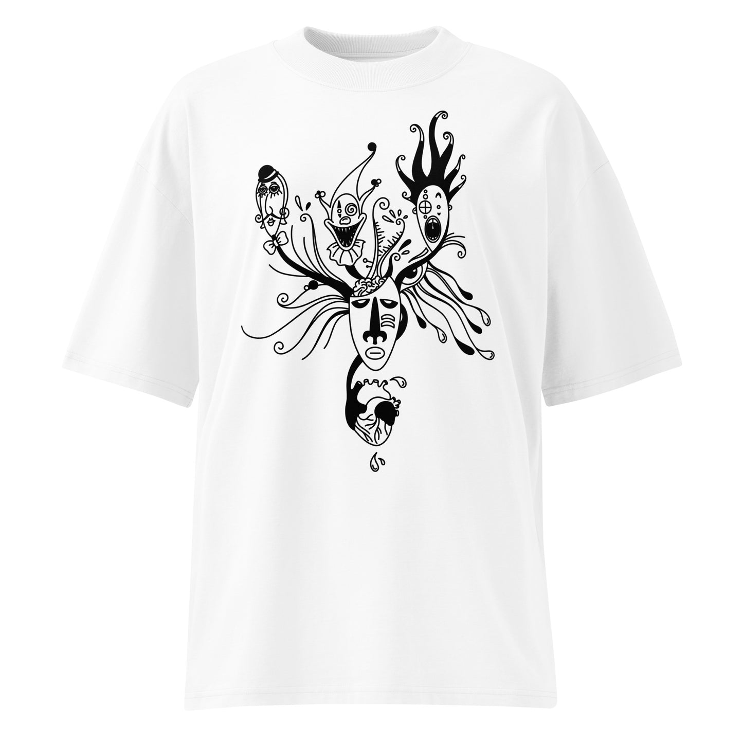 Weißes Bio-Baumwoll-Oversized-Shirt mit schwarzem Mental Health Grafik-Print und gesenkten Schultern.