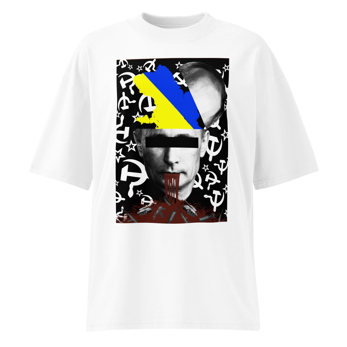 Weißes Bio-Baumwoll-Oversized-Shirt mit STOP WAR Grafikprint, Ukraine-Flagge und politischem Motiv auf schwarzem Hintergrund.