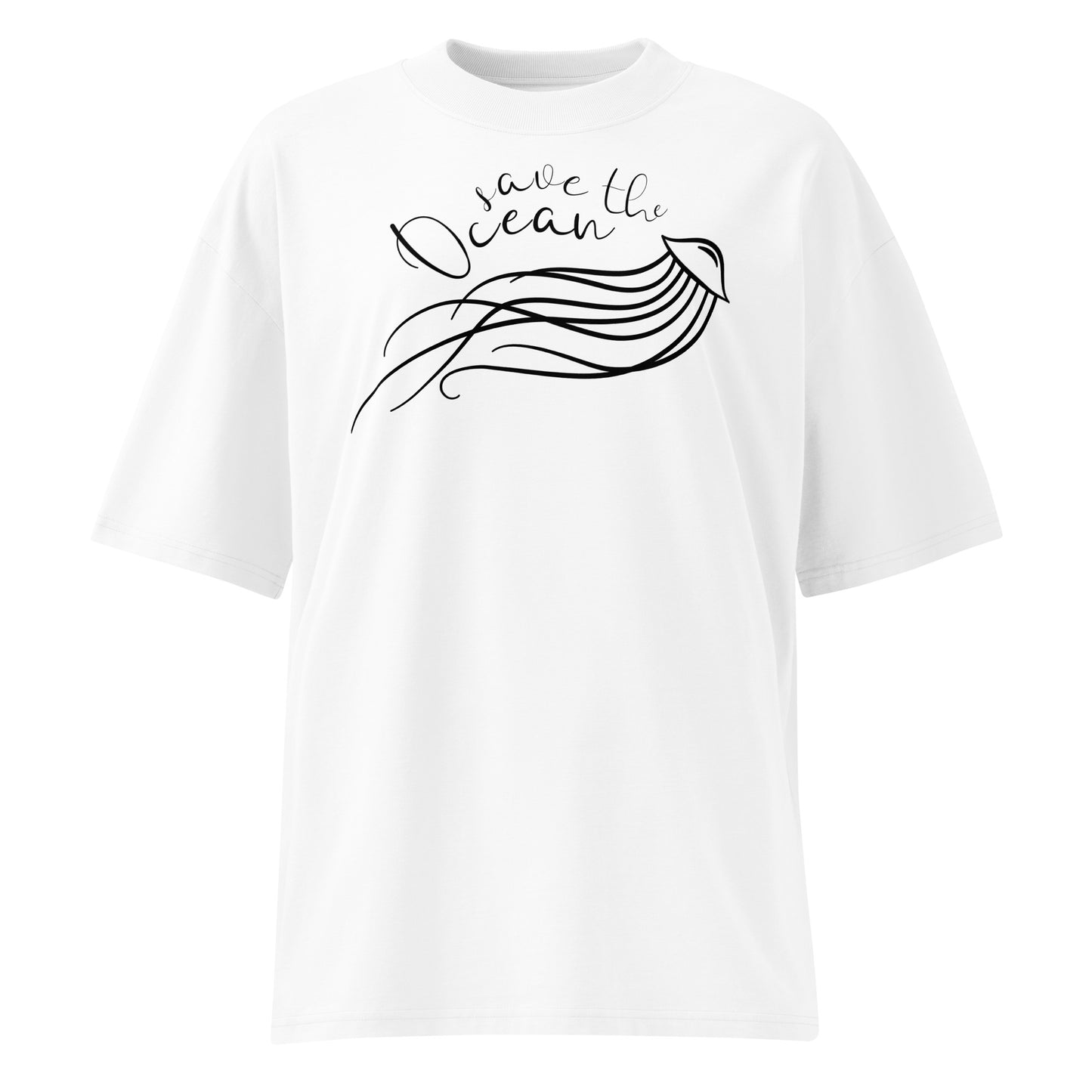Weißes Bio-Baumwoll-Oversized-Shirt mit schwarzem „Save the Ocean“-Quallen-Print und überschnittenen Schultern.
