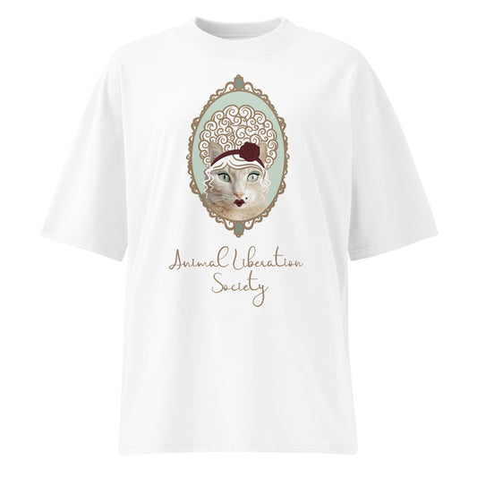 Oversized T-Shirt Weiß mit Katzenmotiv und Schriftzug „Animal Liberation Society“