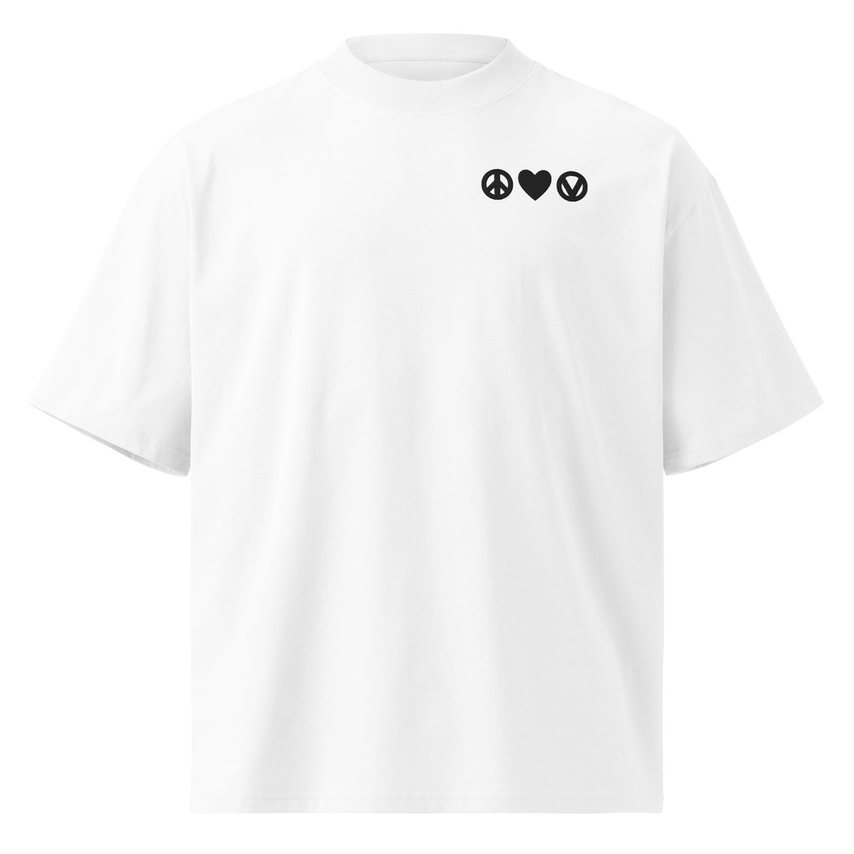 Oversized T‑Shirt in Weiß mit besticktem Peace- und Vegan-Emblem auf der Brust