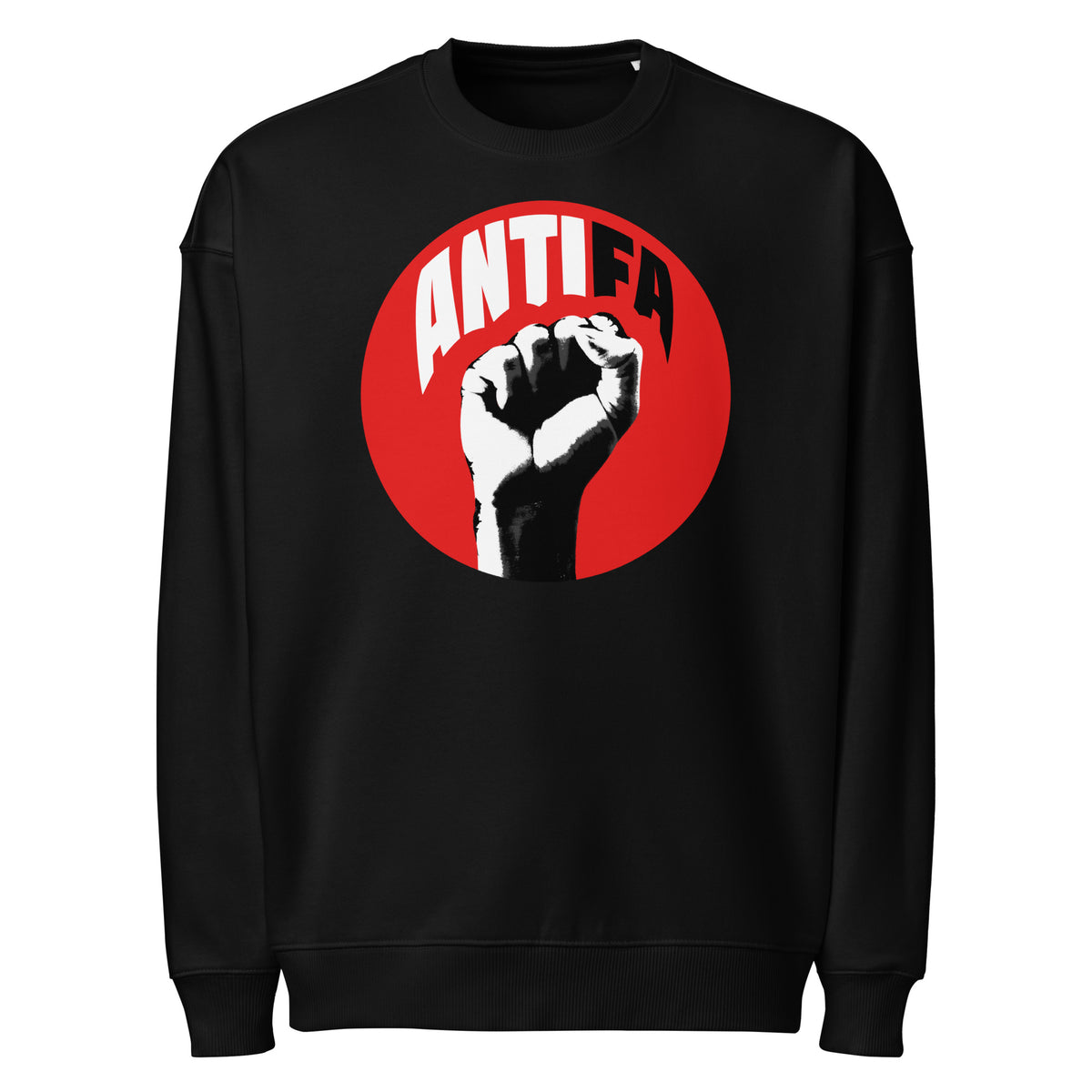 Oversized-Sweatshirt, schwarz, ANTIFA-Print im roten Kreis auf der Brust
