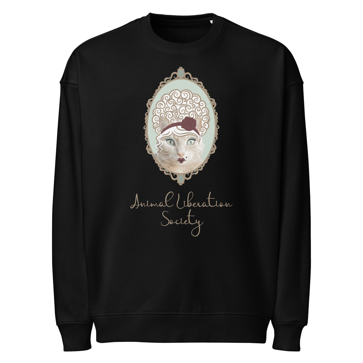 Oversize-Sweatshirt schwarz mit Frontprint Katze im Ornamente-Emblem und Schriftzug