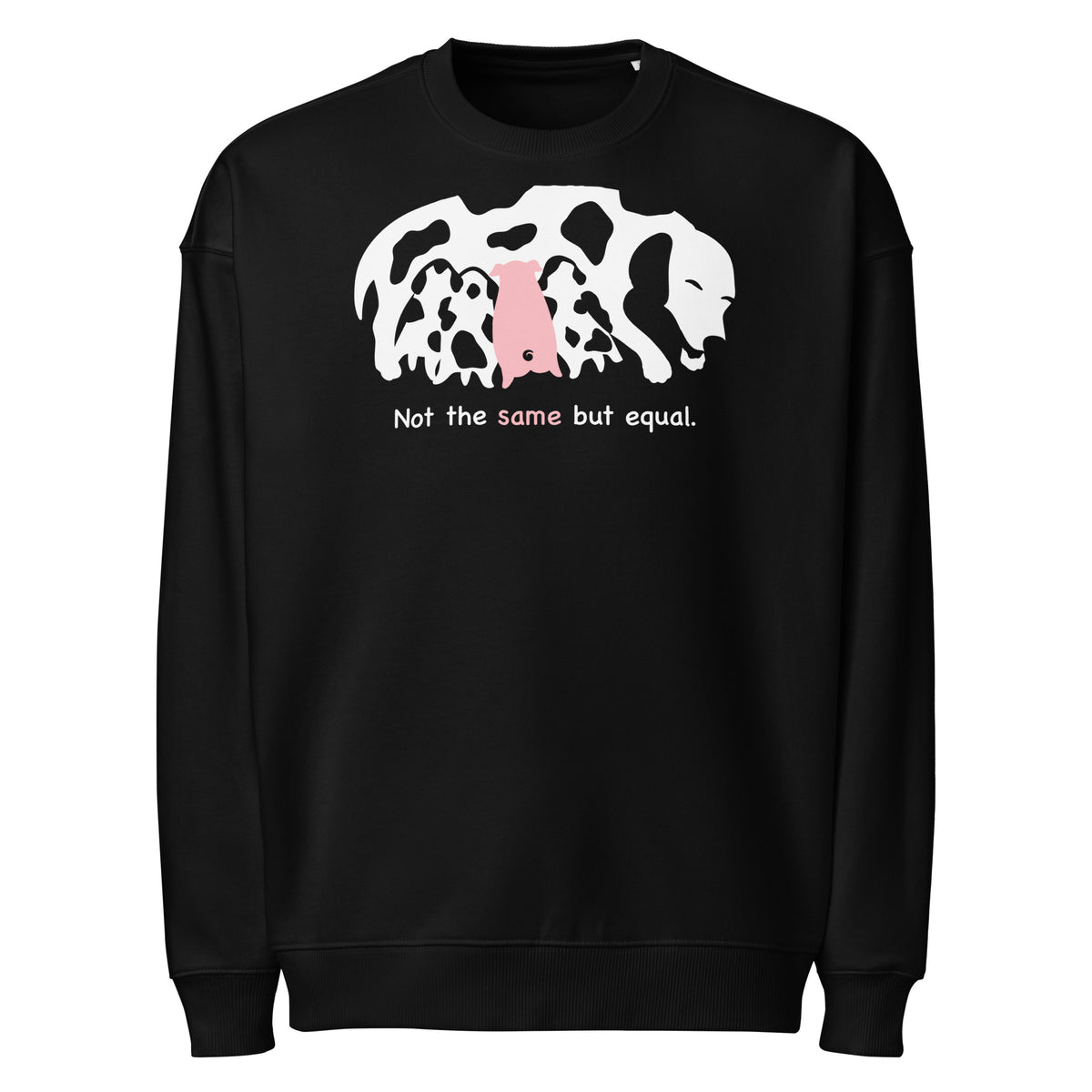 Schwarzes Oversize-Sweatshirt mit Tiermotiv und Schriftzug „Not the same but equal“.