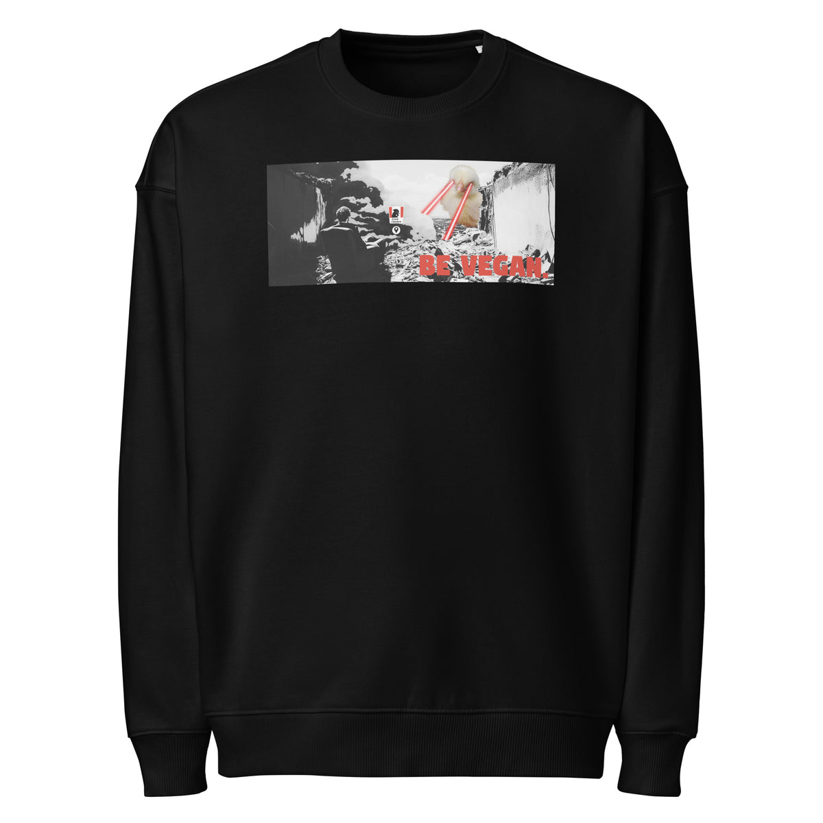 Oversized Sweatshirt Schwarz mit Frontdruck „BE VEGAN“ und Angry-Bird-Motiv