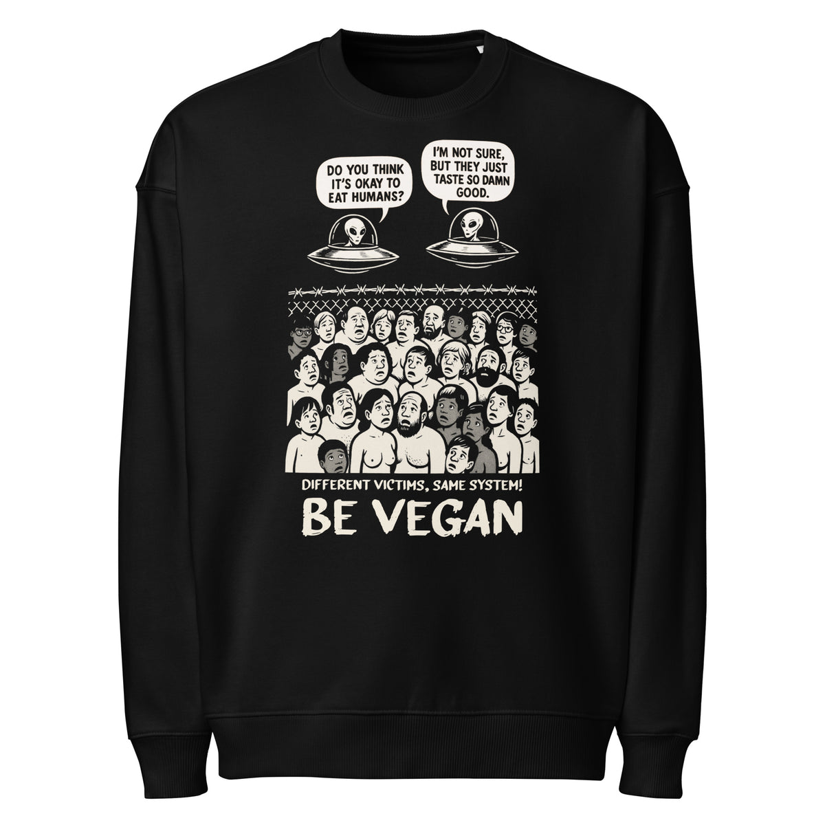 Oversized-Sweatshirt in Schwarz mit Comic-Druck „BE VEGAN“ und Ufo-Motiv