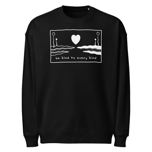 Oversized Sweatshirt schwarz mit Frontprint: Herz über Landschaft, „be kind to every kind“