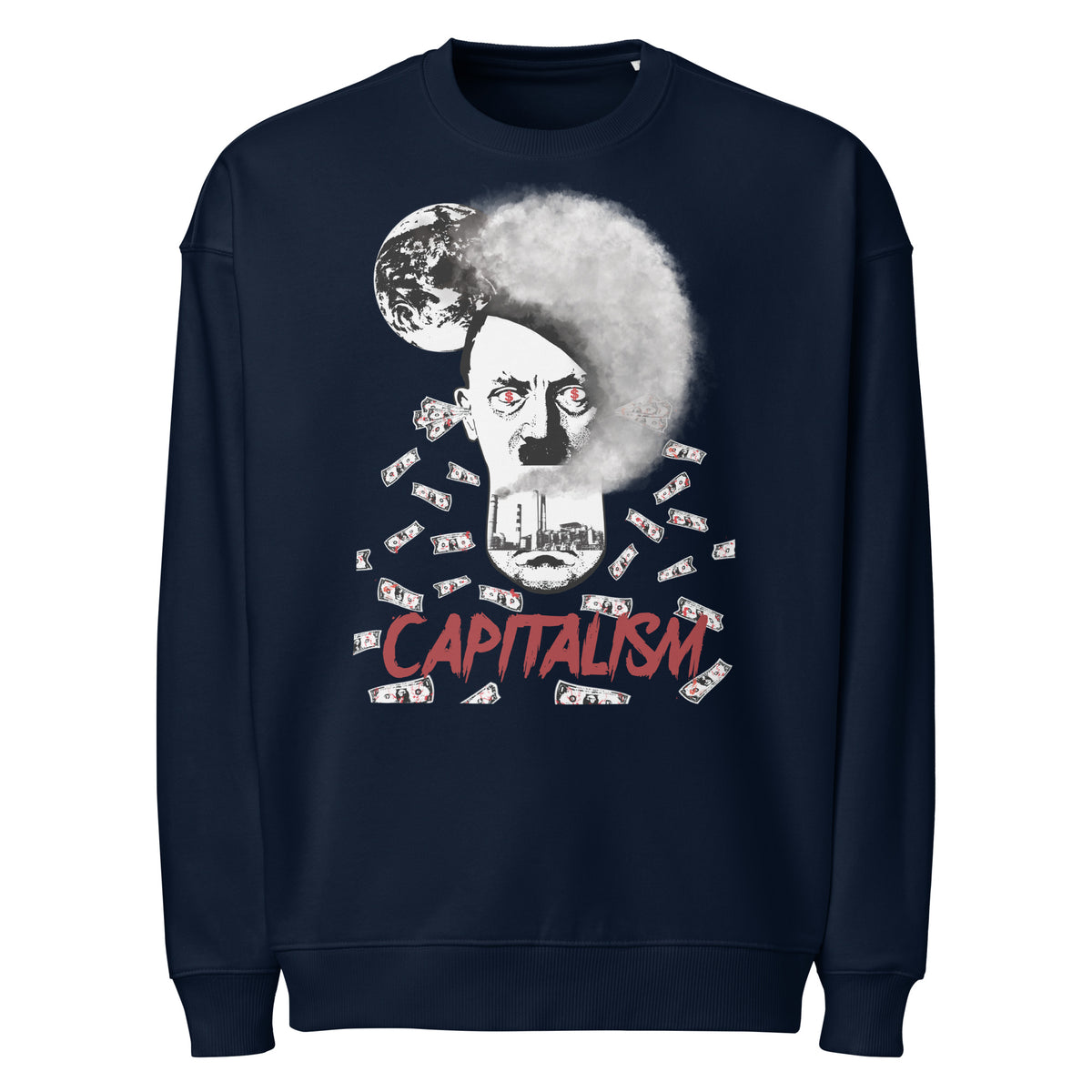Oversized Sweatshirt in Dunkelblau mit Frontprint eines Porträts und „CAPITALISM“