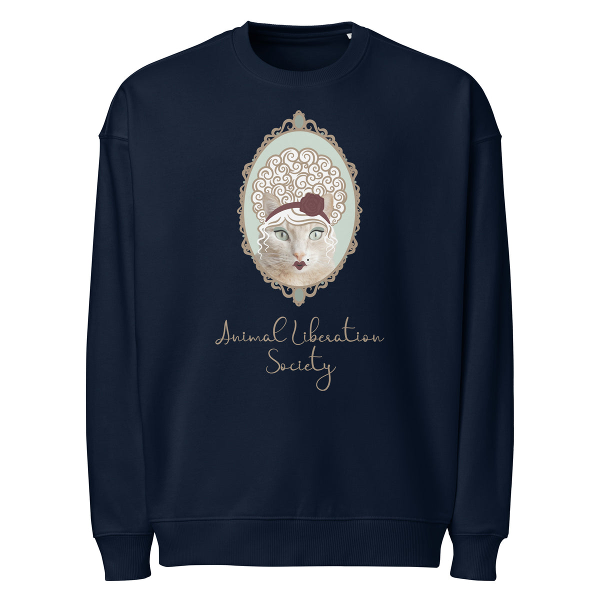 Oversize-Sweatshirt French Navy mit Frontprint Katze im Ornamente-Emblem und Schriftzug