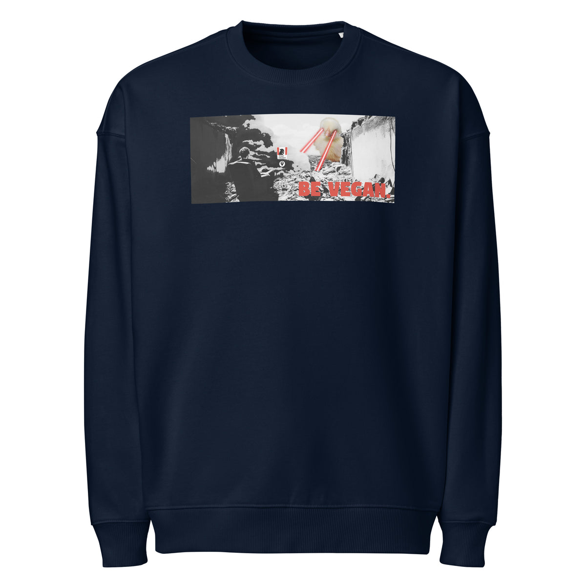 Oversized Sweatshirt French Navy mit Frontdruck „BE VEGAN“ und Angry-Bird-Motiv