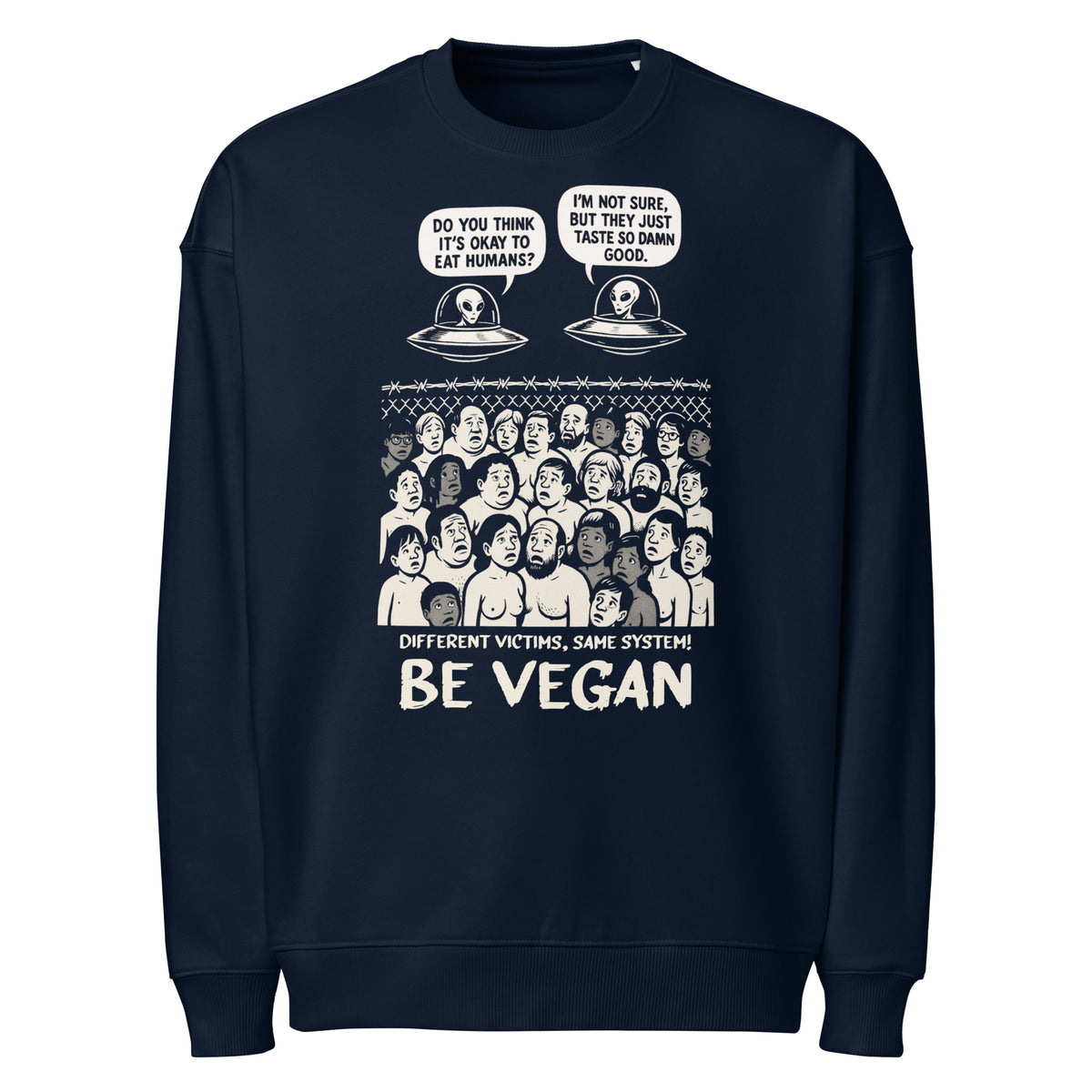 Oversized-Sweatshirt in French Navy mit Comic-Druck „BE VEGAN“ und Ufo-Motiv