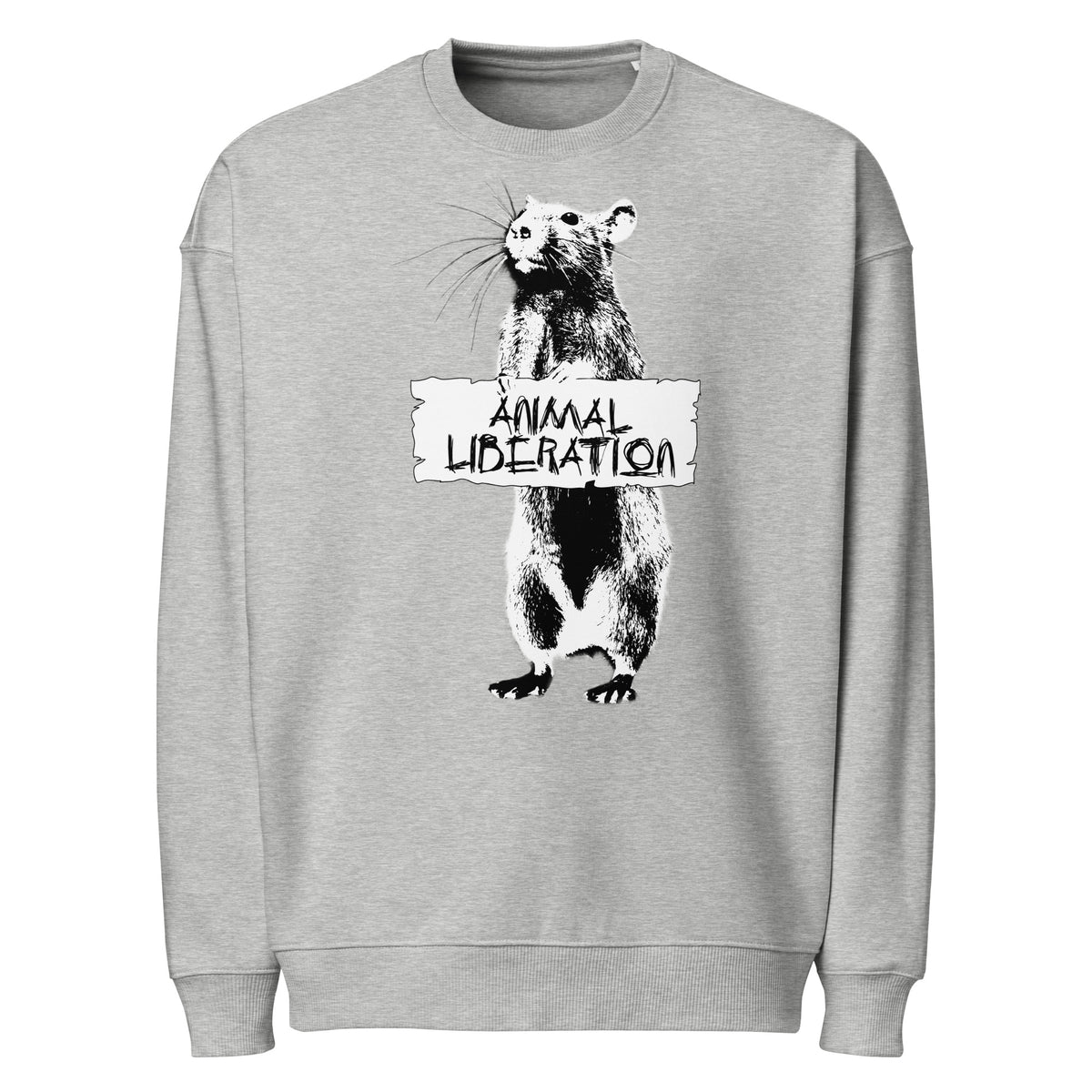 Grau meliertes Oversize-Sweatshirt mit Ratten-Aufdruck und Rundhalsausschnitt