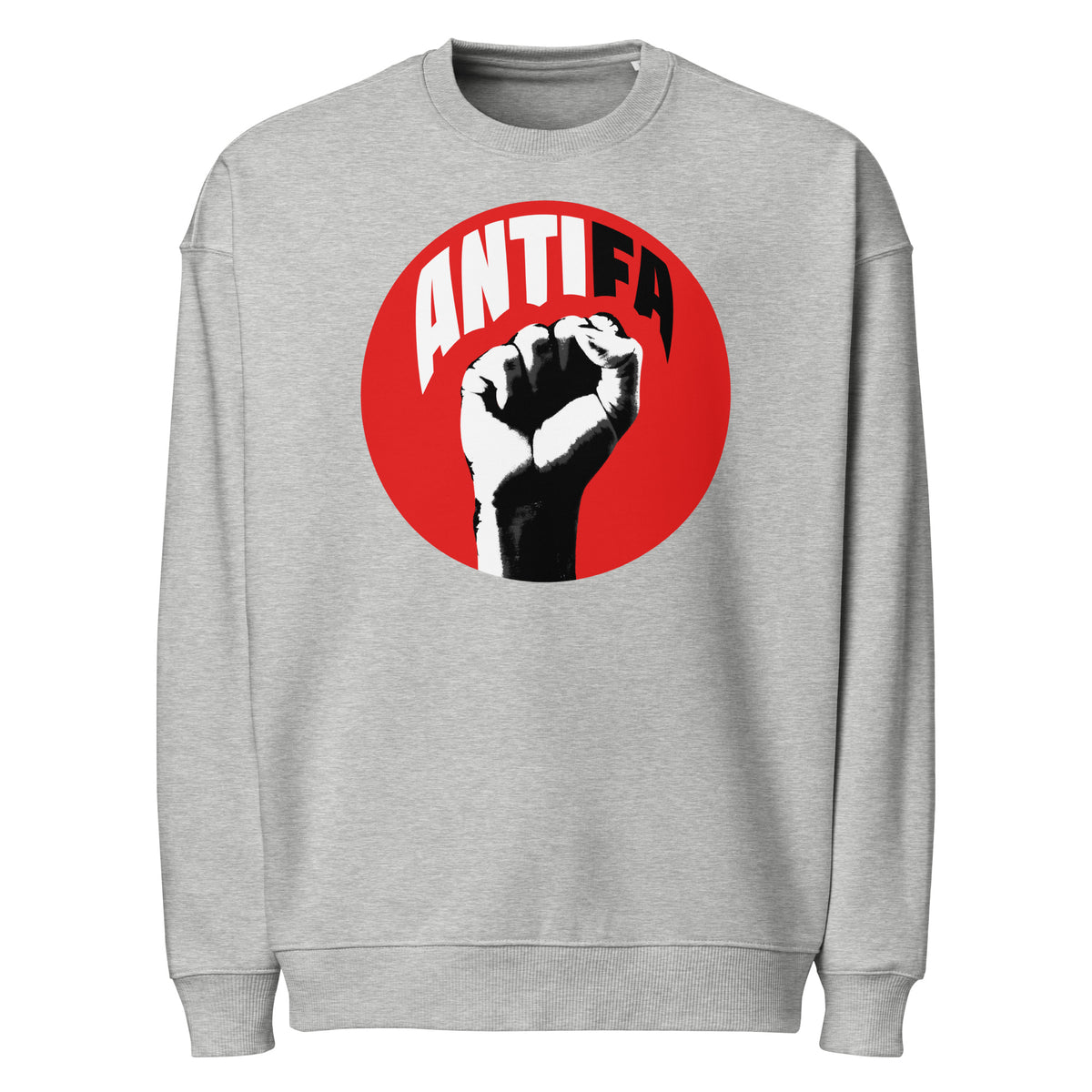 Oversized-Sweatshirt, meliertes Grau, ANTIFA-Print im roten Kreis auf der Brust