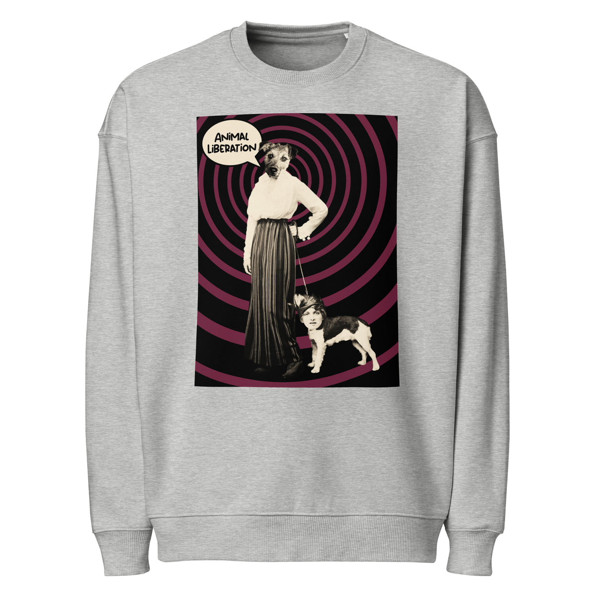 Oversize-Sweatshirt in meliertem Grau mit Frontprint und Rundhalsausschnitt.