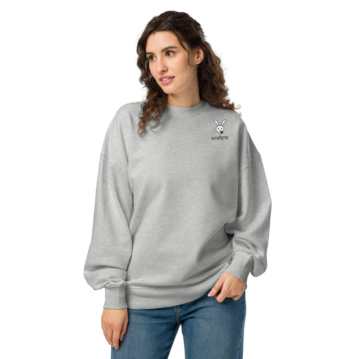 Grau meliertes Oversized Sweatshirt mit Rundhalsausschnitt und Bunny-Logo vorn, Ärmel unten