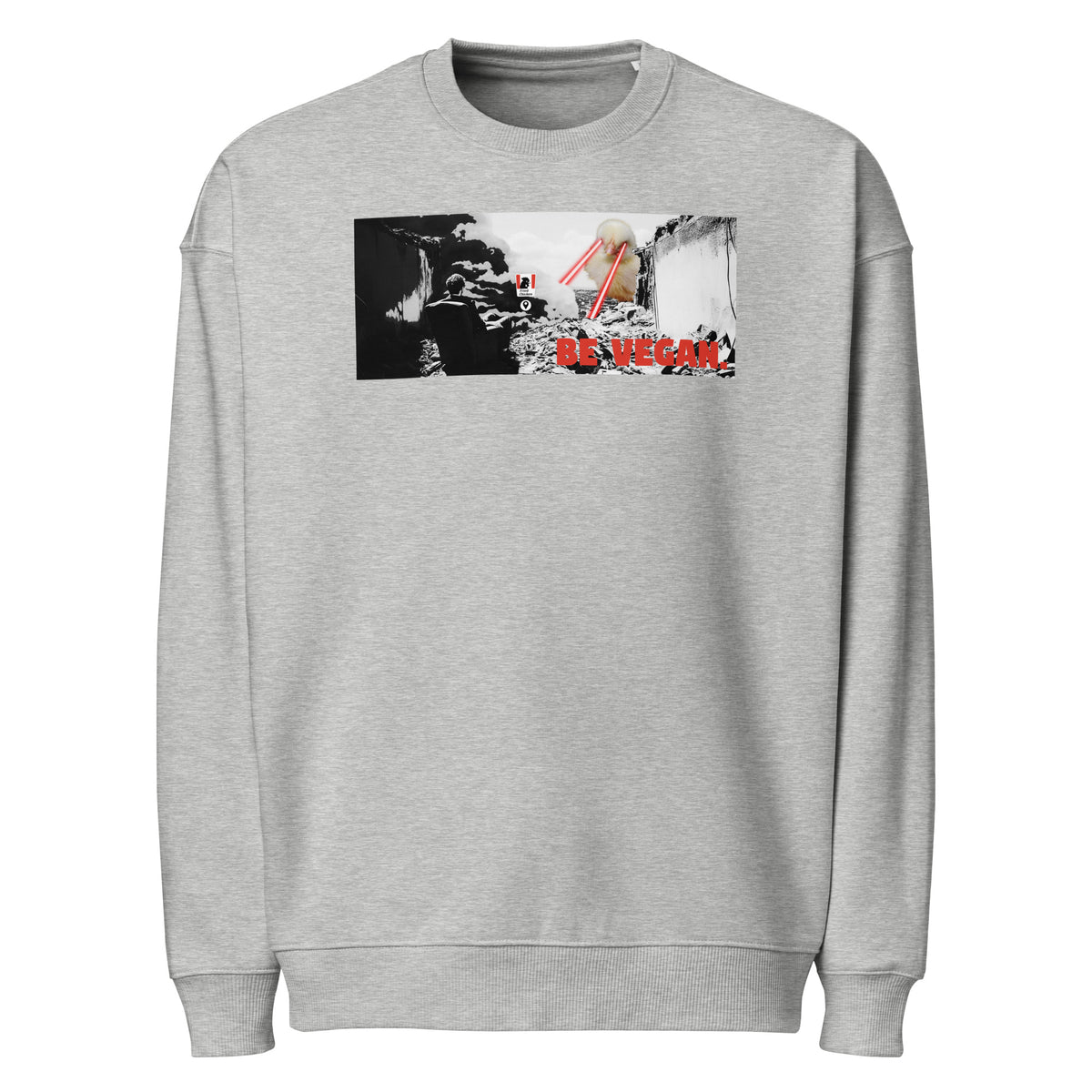 Oversized Sweatshirt Heather Grau mit Frontdruck „BE VEGAN“ und Angry-Bird-Motiv