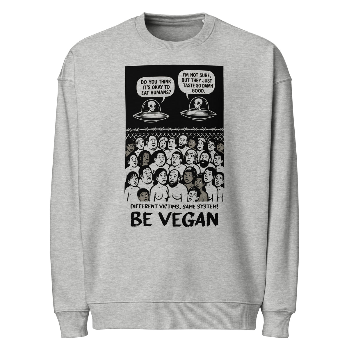Oversized-Sweatshirt in Heather Grau mit Comic-Druck „BE VEGAN“ und Ufo-Motiv
