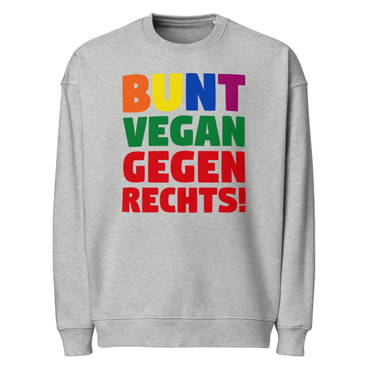 Oversize-Sweatshirt meliert grau mit farbigem Schriftprint „BUNT VEGAN GEGEN RECHTS!“