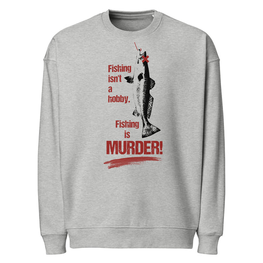 Oversize-Sweatshirt in Hellgrau mit großem Motiv und Schriftzug „Fishing is MURDER!“