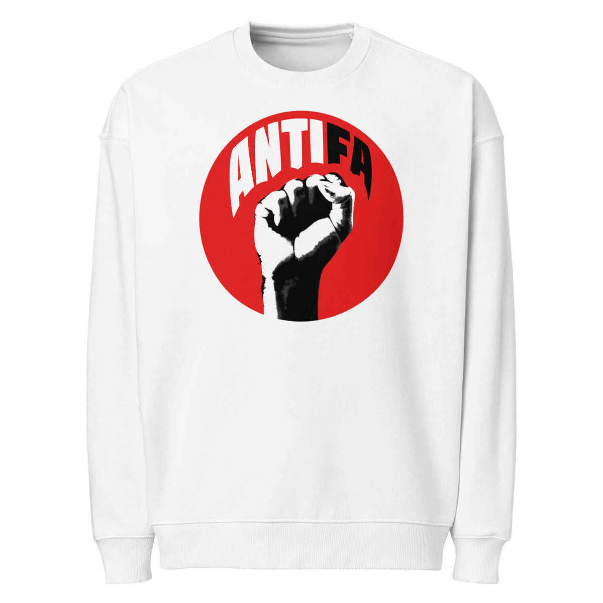 Oversized-Sweatshirt, weiß, ANTIFA-Print im roten Kreis auf der Brust