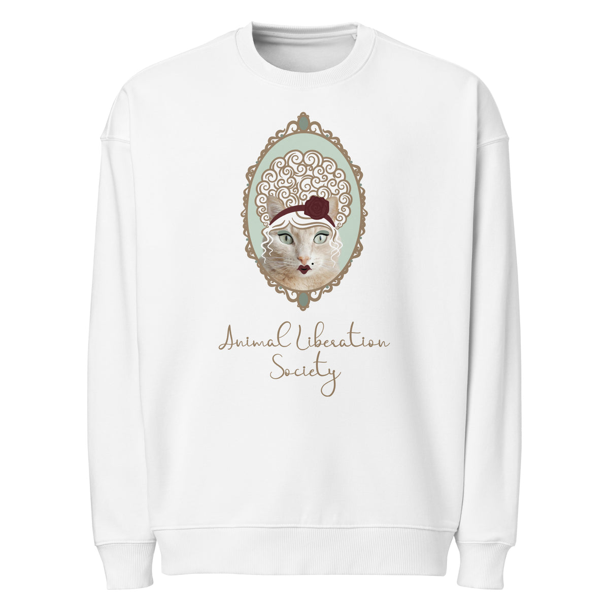 Oversize-Sweatshirt weiß mit Frontprint Katze im Ornamente-Emblem und Schriftzug
