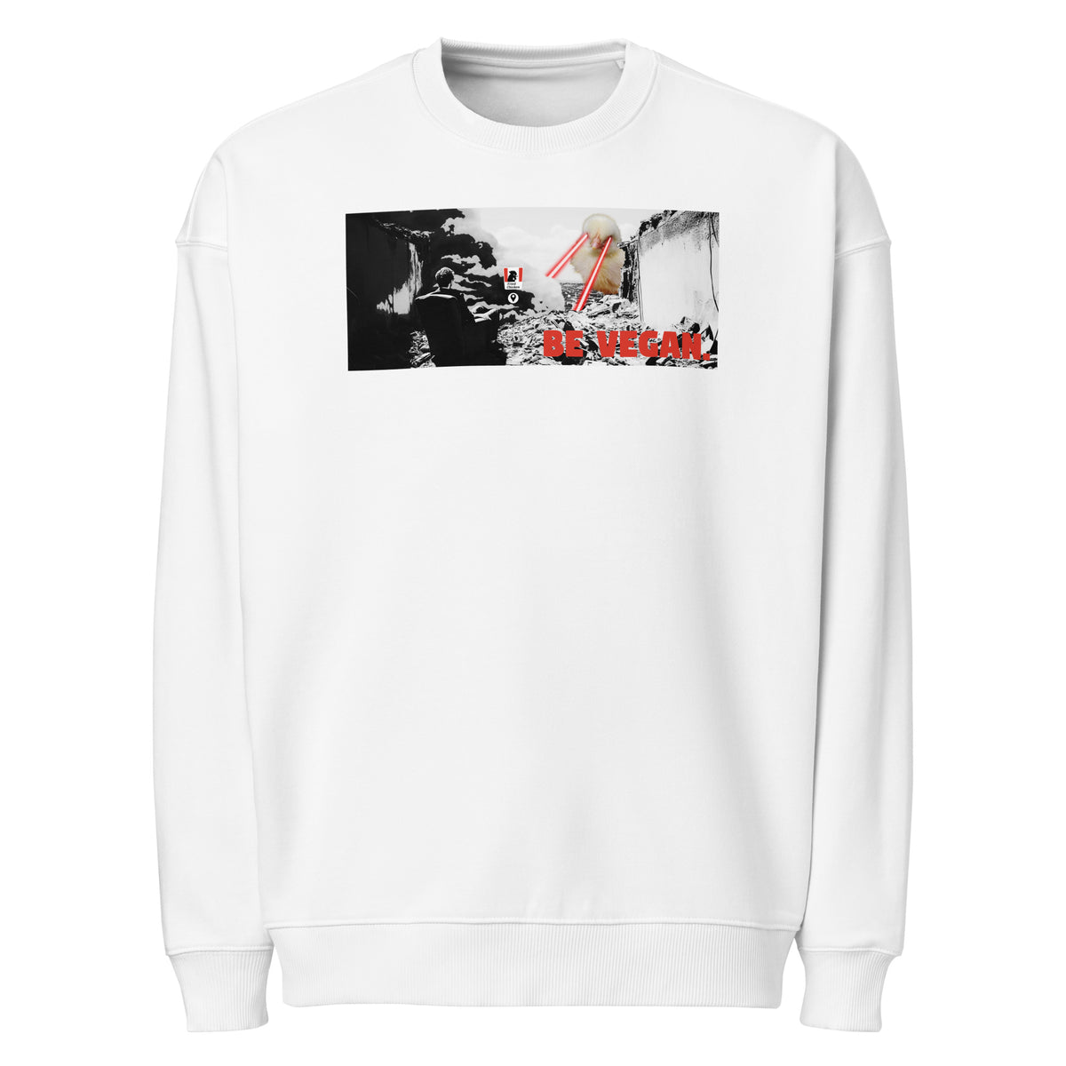 Oversized Sweatshirt Weiß mit Frontdruck „BE VEGAN“ und Angry-Bird-Motiv