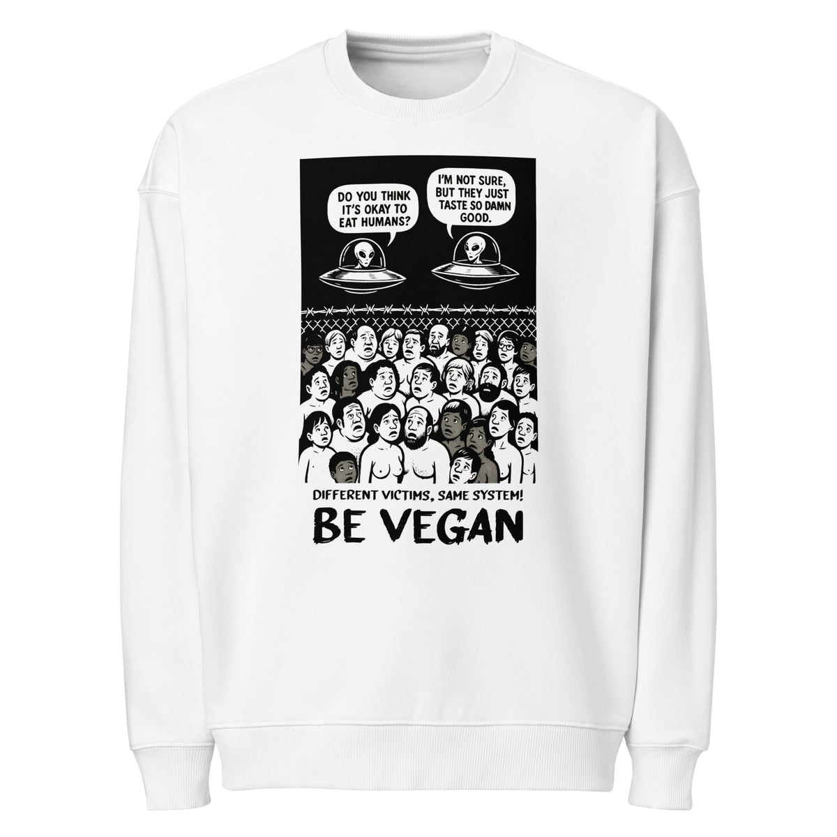 Oversized-Sweatshirt in Weiß mit Comic-Druck „BE VEGAN“ und Ufo-Motiv