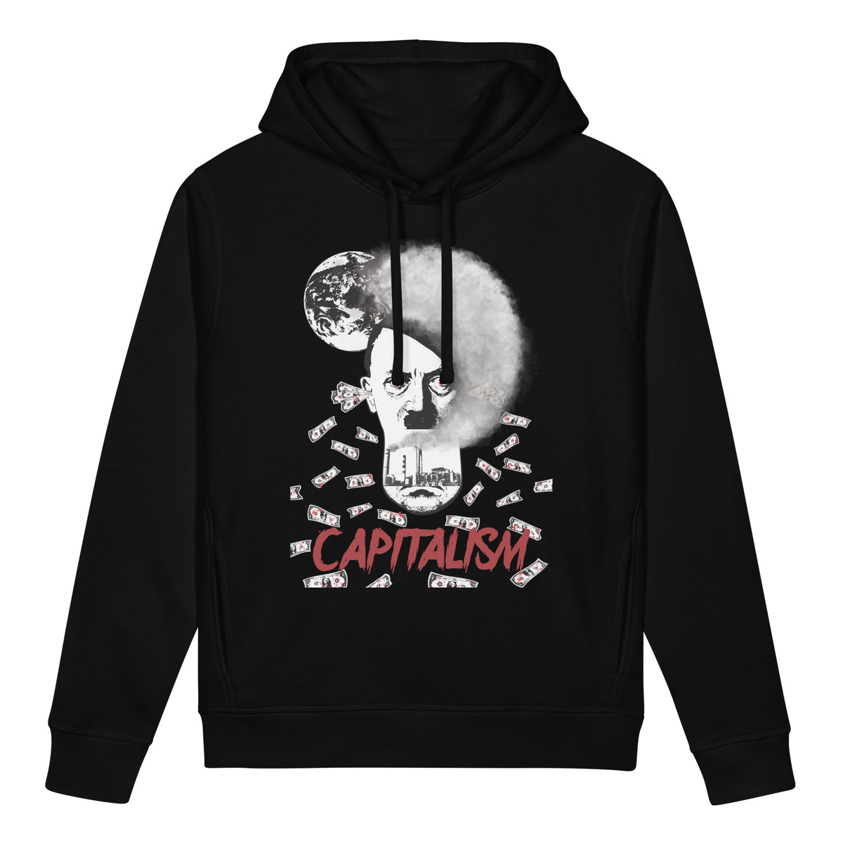 Schwarzer Hoodie mit Kapuze und Frontprint, Kängurutasche, verstellbare Kordeln