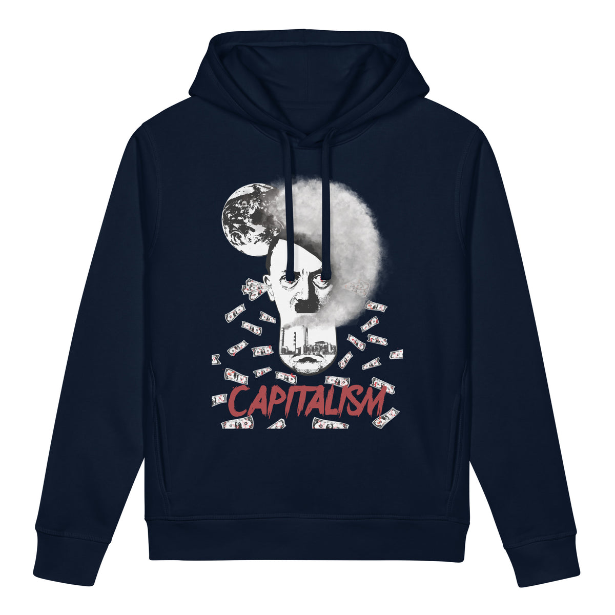 Dunkelblauer Hoodie mit Kapuze und Frontprint, Kängurutasche, Kordeln vorn