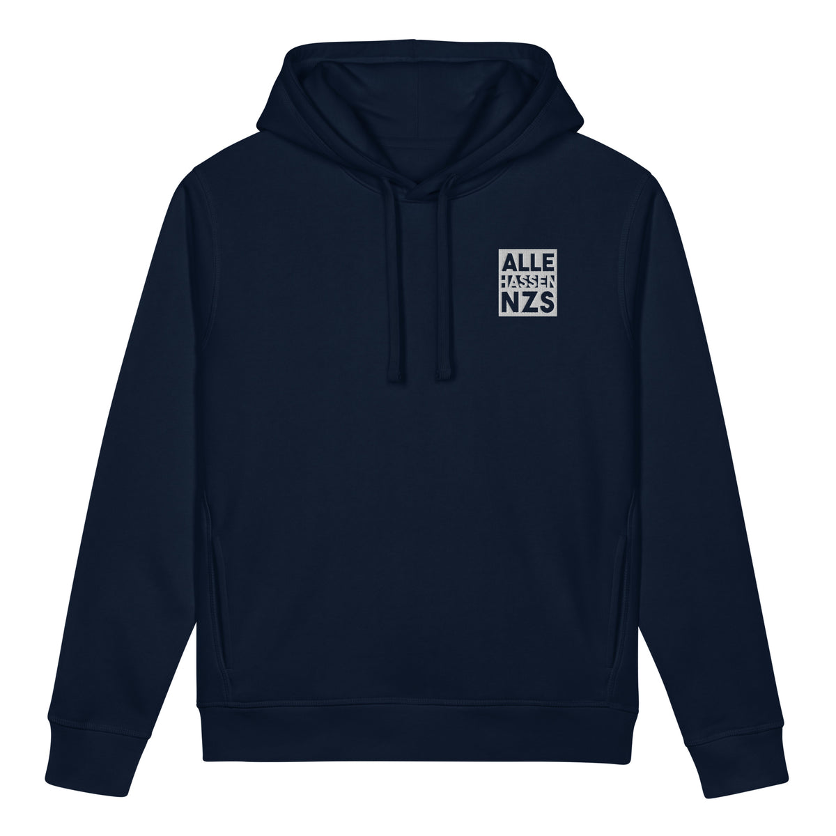 Blauer Hoodie mit Kapuze und besticktem Schriftzug „ALLE HASSEN NZS“