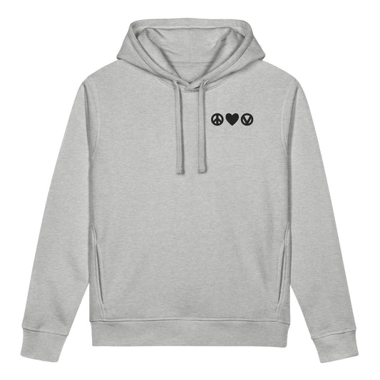 Heather-Grau Hoodie mit Kapuze und besticktem Peace‑Love‑Veganism-Motiv