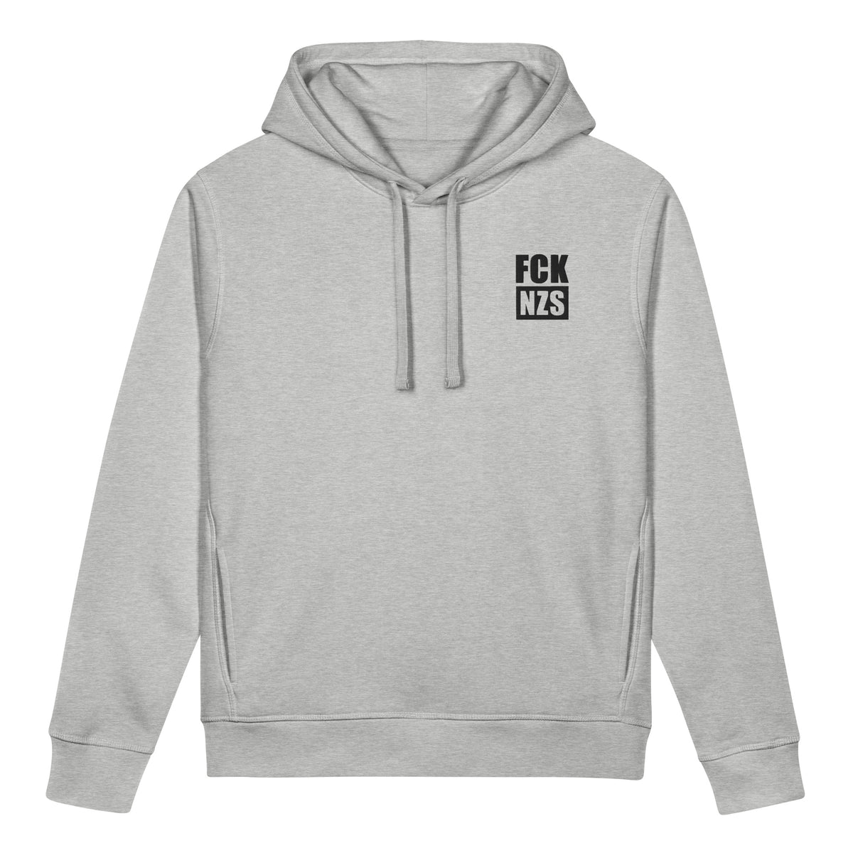 Heather-grauer Hoodie mit Kapuze und Kordel, bestickter Aufdruck „FCK NZS“