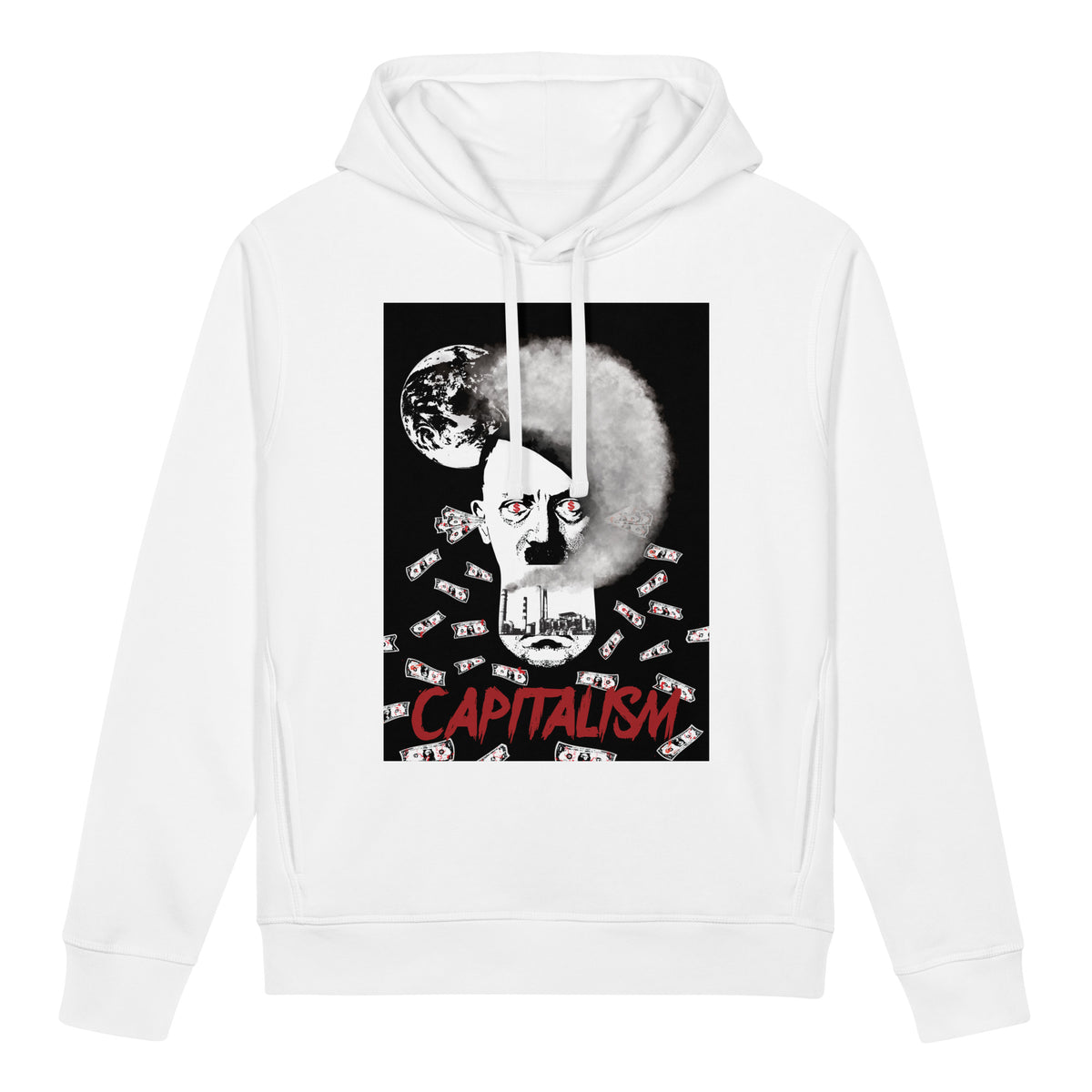 Weißer Hoodie mit Kapuze und Frontprint, Kängurutasche, Kordeln