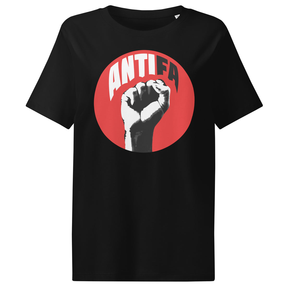 Damen-T-Shirt schwarz, rundes ANTIFA-Logo mit Faustdruck
