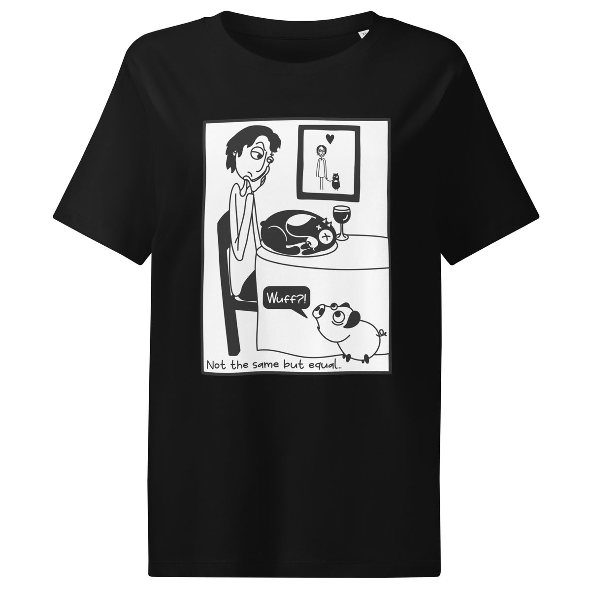 Damen-T-Shirt schwarz mit großem Comic-Motiv „Nicht the same but equal“.