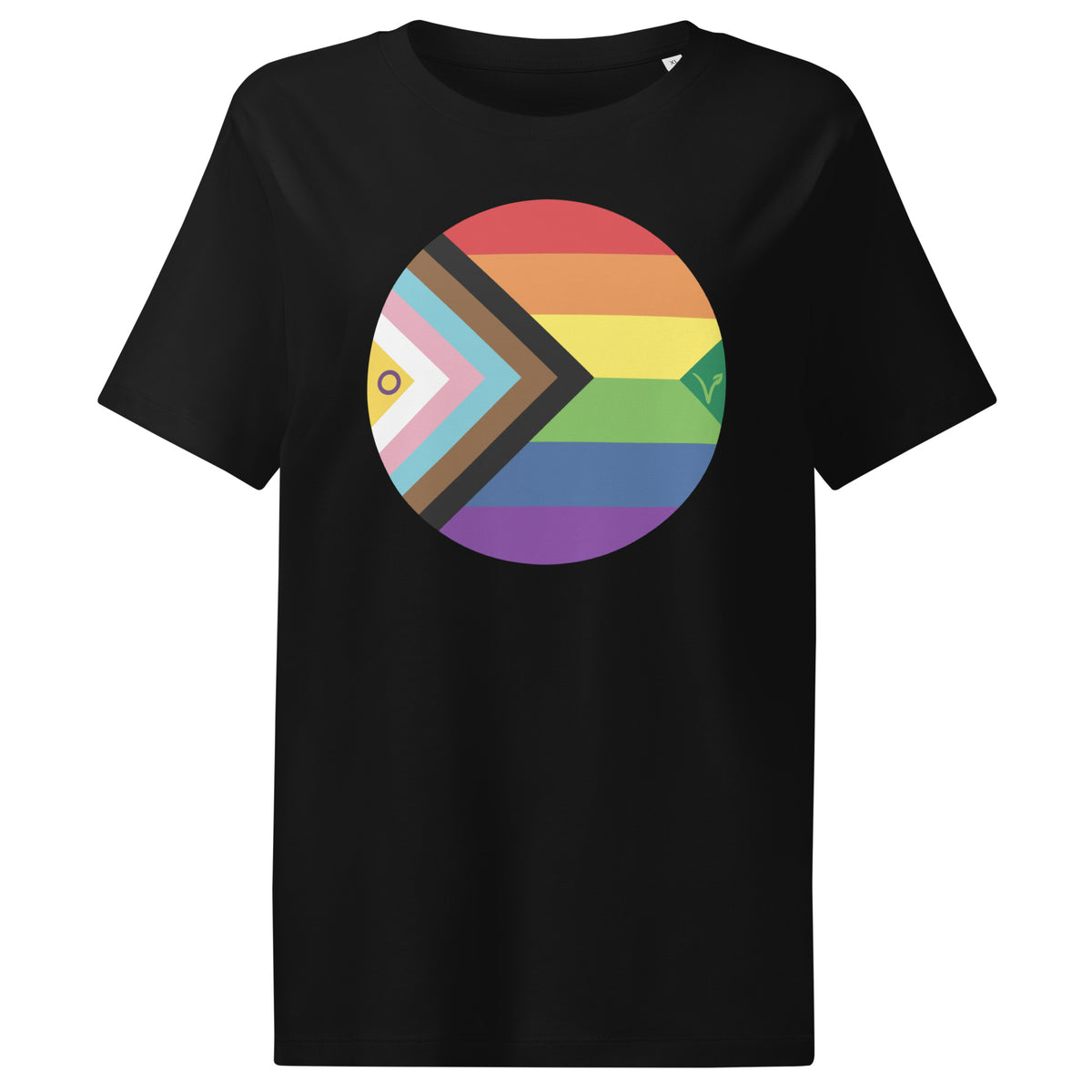 Veganes Bio Damen-T-Shirt, schwarz, mit großem rundem Regenbogen-Brustmotiv