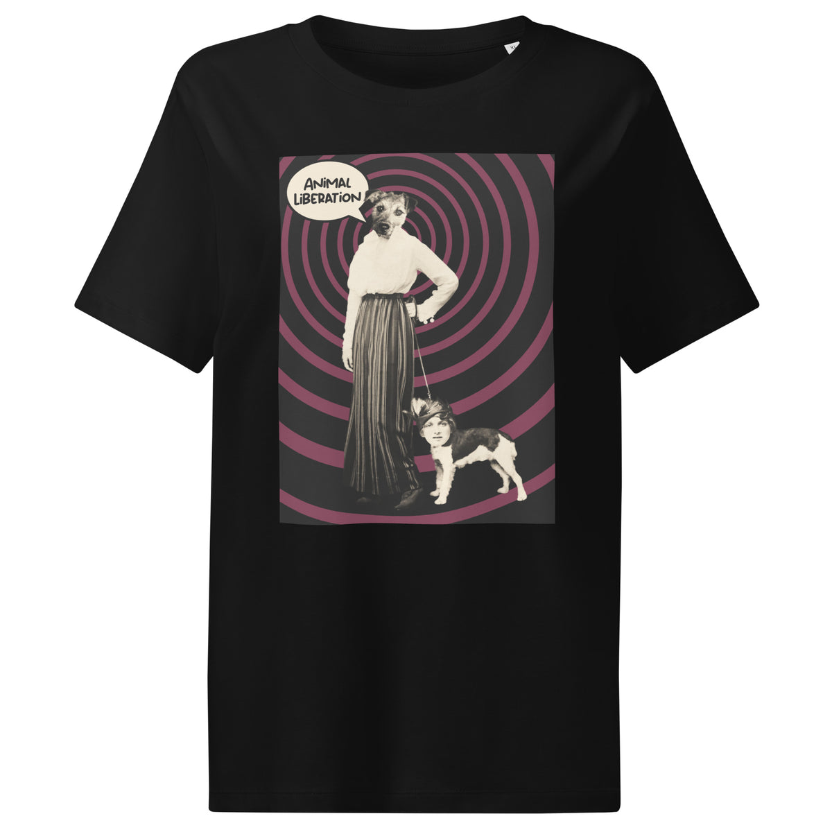 Damen-T-Shirt schwarz mit großem Print „Animal Liberation“ (Hund & Figur)